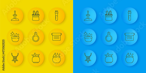 Set line Pentagram on necklace, Witch cauldron, Magic stone ring with gem, Ancient magic book, Sword the, Bottle potion and Magician hat and rabbit ears icon. Vector