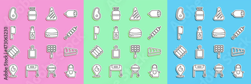 Set line Kitchen apron, Steak meat, Grilled shish kebab, Tabasco sauce, Meat chopper, and Burger icon. Vector