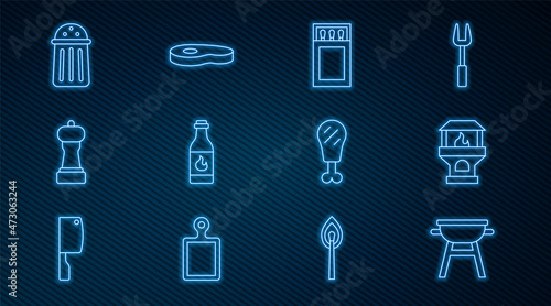 Set line Barbecue grill, Brick stove, Matchbox and matches, Tabasco sauce, Pepper, Salt, Chicken leg and Steak meat icon. Vector