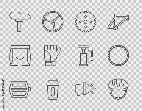 Set line Bicycle pedal, helmet, sprocket crank, Sport bottle with water, seat, Gloves, head lamp and wheel icon. Vector