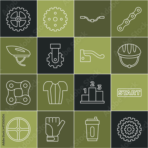 Set line Bicycle cassette, Ribbon in finishing line, helmet, handlebar, Derailleur bicycle rear, sprocket crank and brake icon. Vector