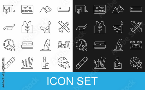 Set line Globe with flying plane, Sand castle, Plane, Egypt pyramids, Life jacket, Sunbed umbrella, Rv Camping trailer and Diving mask snorkel icon. Vector
