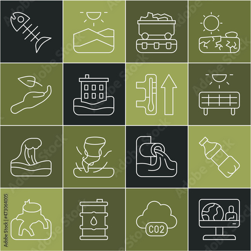 Set line Weather forecast, Bottle of water, Solar energy panel, Coal train wagon, House flood, Sprout hand, Dead fish and Global warming icon. Vector