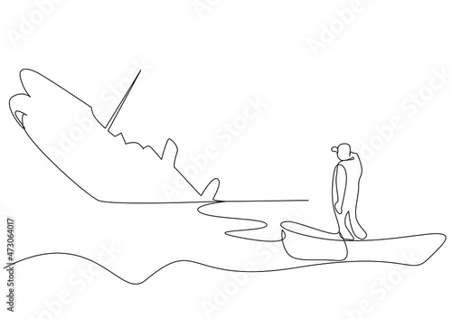 a person watching a sinking ship from a boat. The person who saved his life by escaping the sinking ship. manager who oversees the company's bankruptcy.