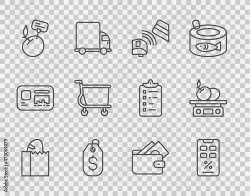 Set line Paper bag with bread loaf, POS terminal credit card, Price tag dollar, Supermarket food products price label, Shopping cart, Wallet money and Electronic scales for icon. Vector