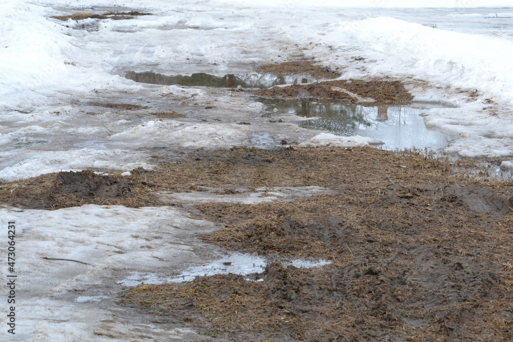 Winter Ground Covered With Thawing Snow. Slush and mud on road from melting snow on the road during spring thaw. Winter Ground Covered With Thawing Snow. Slush and mud on road from melting snow on the road during spring thaw.
