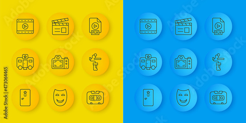 Set line Backstage, Actor trailer, Photo camera, Retro audio cassette tape, Gimbal stabilizer for, Play Video, FLV file document and Movie clapper icon. Vector