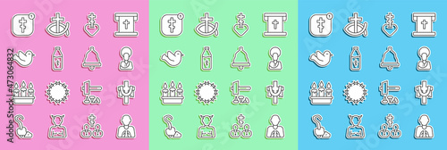 Set line Hands in praying position, Christian cross, Jesus, Religious heart, Holy water bottle, Dove, Online church pastor preaching and Church bell icon. Vector
