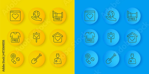 Set line Medicine pill or tablet, Clothes donation, Location with heart, Male doctor, Shelter for homeless, Dating app online, Free overnight stay house and Hand holding Earth globe icon. Vector