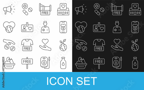 Set line Bottle of water, Volunteer team planting trees, Donation and charity, Free overnight stay house, id card or badge, The heart world - love, Megaphone and Male doctor icon. Vector