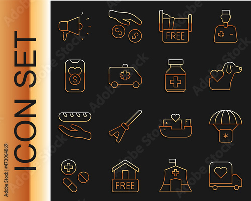 Set line Delivery truck with heart, Humanitarian aid, Heart dog, Free overnight stay house, Emergency car, Donation and charity, Megaphone and Medicine bottle pills icon. Vector
