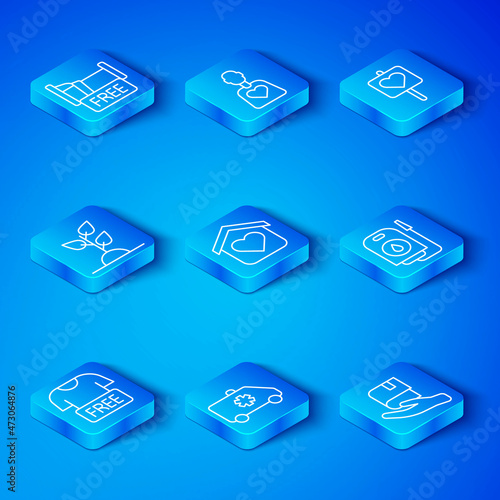 Set line Clothes donation, Shelter for homeless, Emergency car, Blood, Location with heart, Volunteer team planting trees, Free overnight stay house and Book icon. Vector