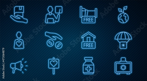 Set line First aid kit, Humanitarian, Free overnight stay house, Donation and charity, Volunteer, Book donation, home delivery and Teacher icon. Vector