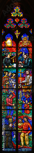 Stained-glass window depicting Jesuit fathers as missionaries in China (Johannes Ruthay, Sepp von Rechegg). Votivkirche – Votive Church, Vienna, Austria. 2020-07-29.  photo