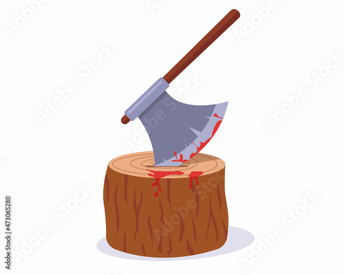 a stump with a stuck ax for execution. place to chop off your head. flat vector illustration.