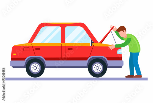 a man opened the hood of a car to fix a vehicle. broken car. flat vector illustration.