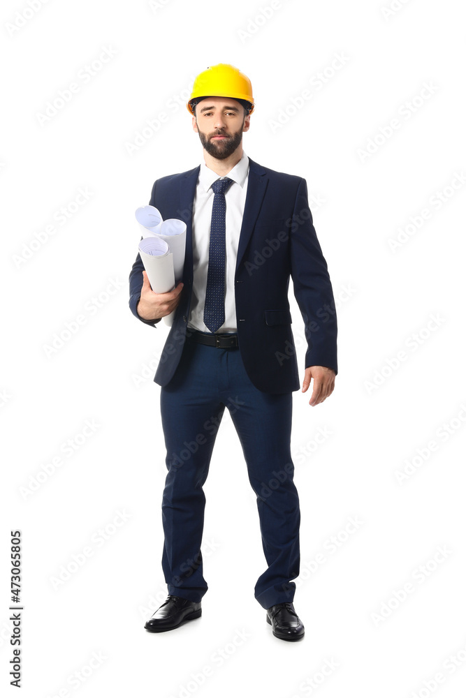 Industrial engineer in hardhat with rolls of paper on white background Industrial engineer in hardhat with rolls of paper on white background
