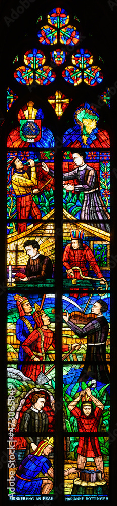 Stained-glass window depicting the evangelization of South America. Votivkirche – Votive Church, Vienna, Austria. 2020-07-29. 