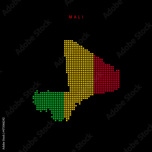 Square dots pattern map of Mali. Malian dotted pixel map with national flag colors isolated on black background. Vector illustration.