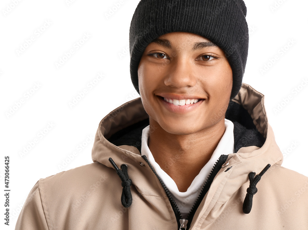 Handsome stylish African-American guy in warm clothes on white background Handsome stylish African-American guy in warm clothes on white background