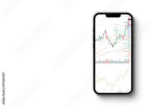 A smartphone with financial stock market graph on the screen. Stock Exchange. White Background photo