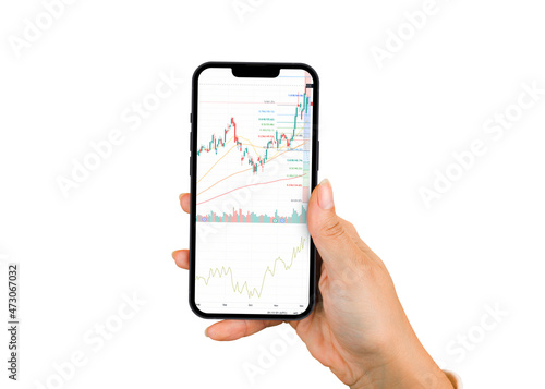 Girl holding a smartphone with financial stock market graph on the screen. Stock Exchange. White Background photo