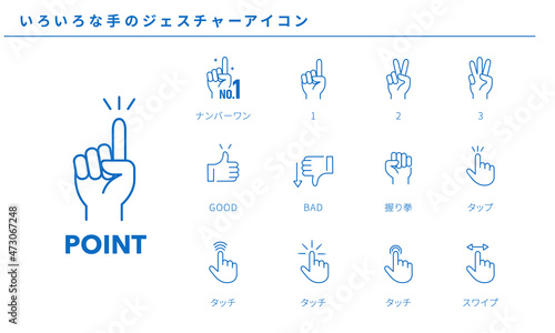 いろいろな手のジェスチャーのシンプルアイコンセット、ベクター