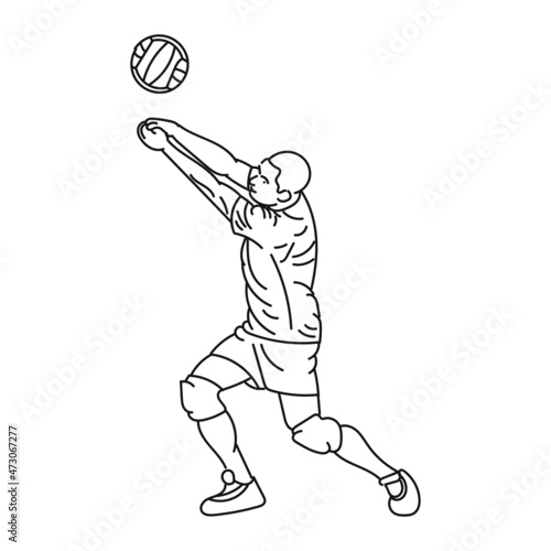 black line art Young man practicing volleyball in style