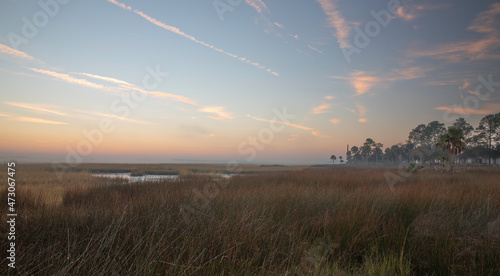 A slightly fogging morning over the saltmarsh at sunrise along the Tolomato River in Florida.