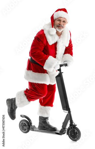 Santa Claus riding electric scooter on white background