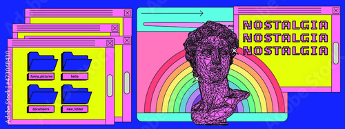 Retro computer interface with many open tabs and window boxes and 3D low poly model of bust sculpture. Vaporwave style vector illustration.