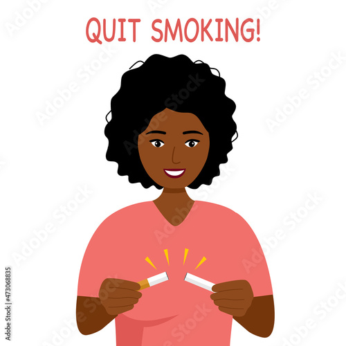 African woman quit smoking for healthy lungs concept vector illustration. Young black female breaking cigarette in flat design.