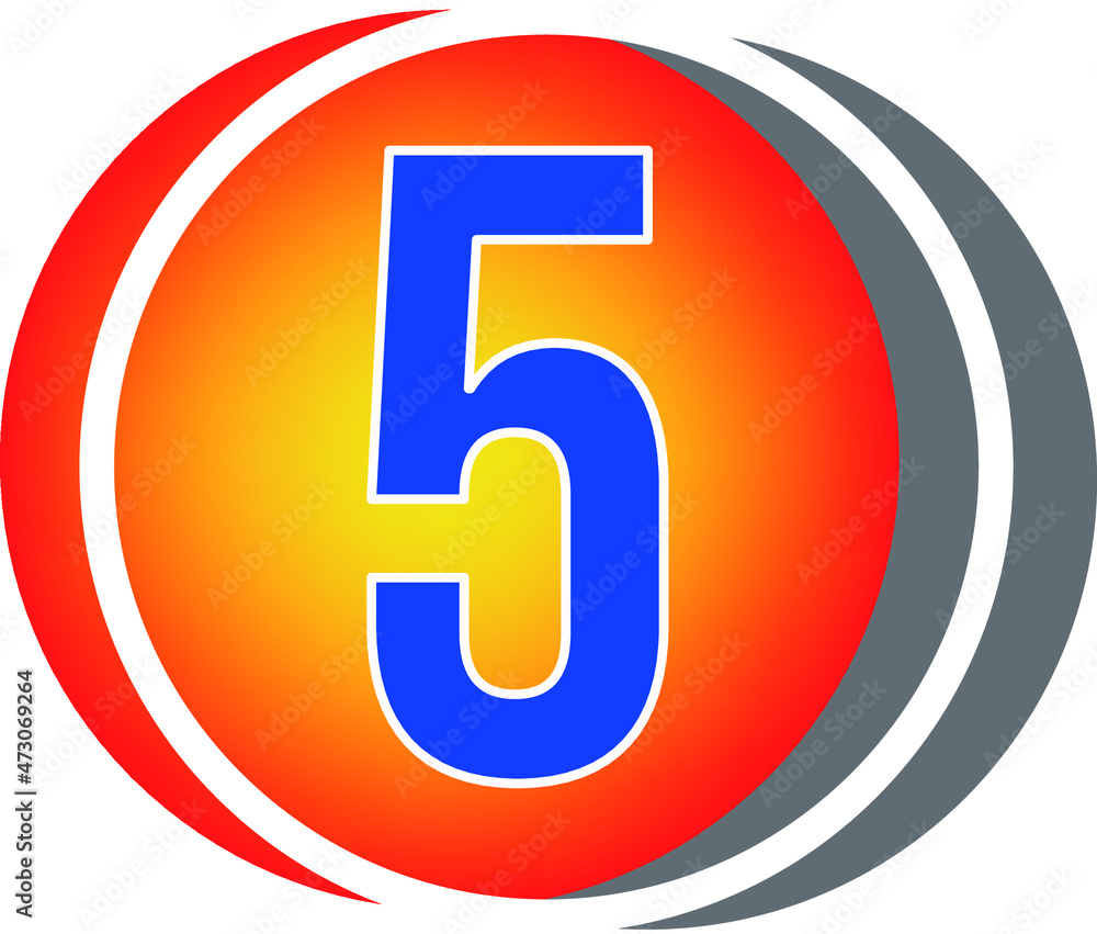 Colored banner with number 5 in the center, red, blue, white and gray element Colored banner with number 5 in the center, red, blue, white and gray element
