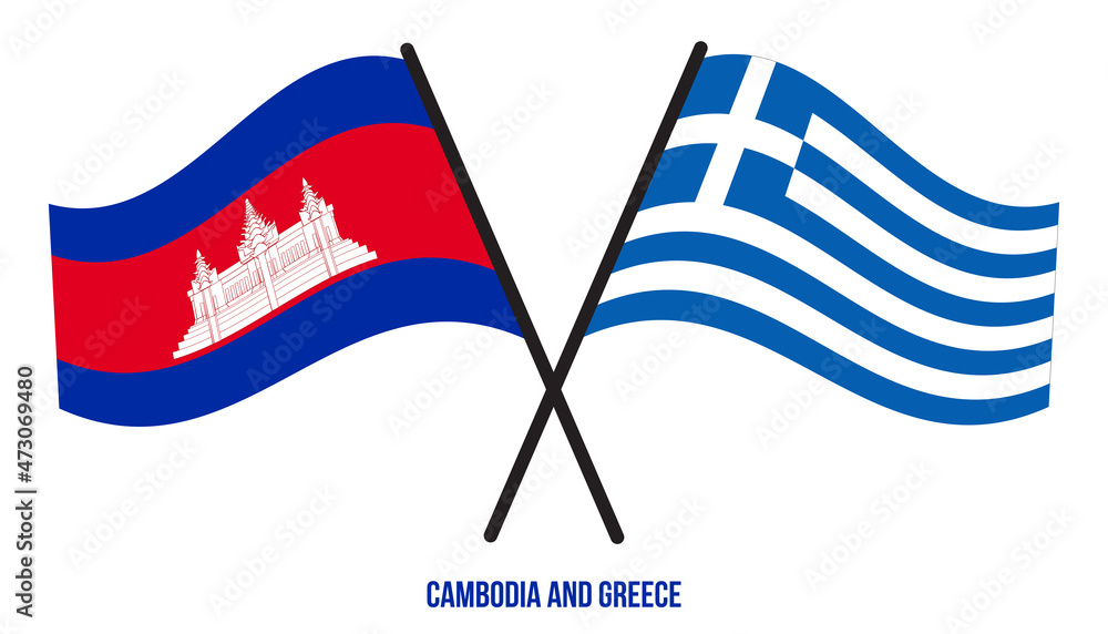 Obraz premium Cambodia and Greece Flags Crossed And Waving Flat Style. Official Proportion. Correct Colors.