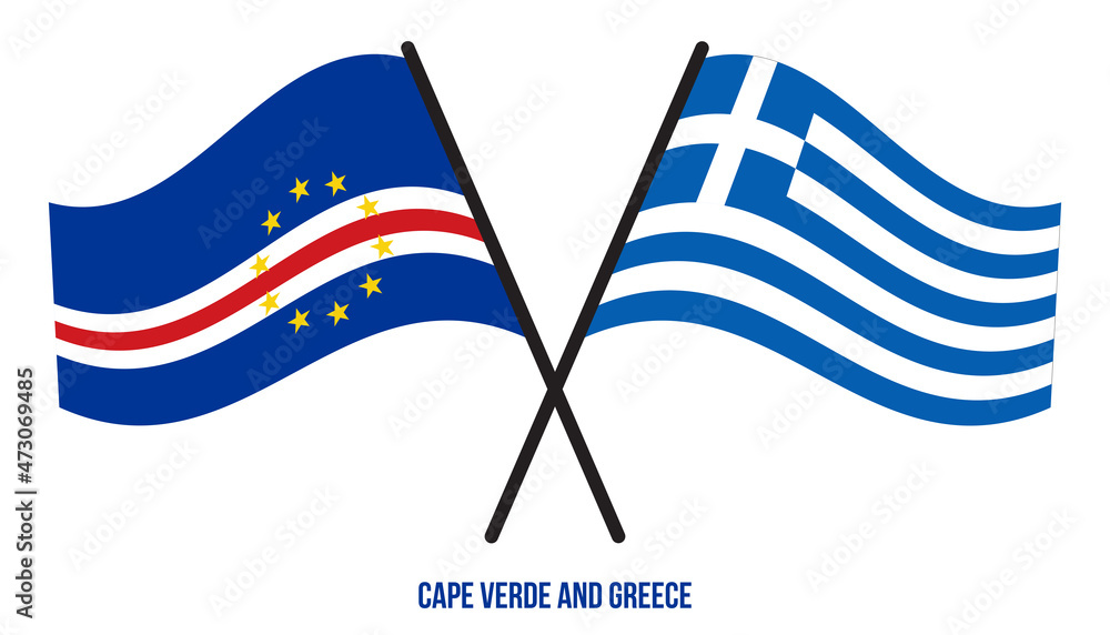 Cape Verde and Greece Flags Crossed And Waving Flat Style. Official Proportion. Correct Colors.
