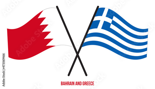 Bahrain and Greece Flags Crossed And Waving Flat Style. Official Proportion. Correct Colors.