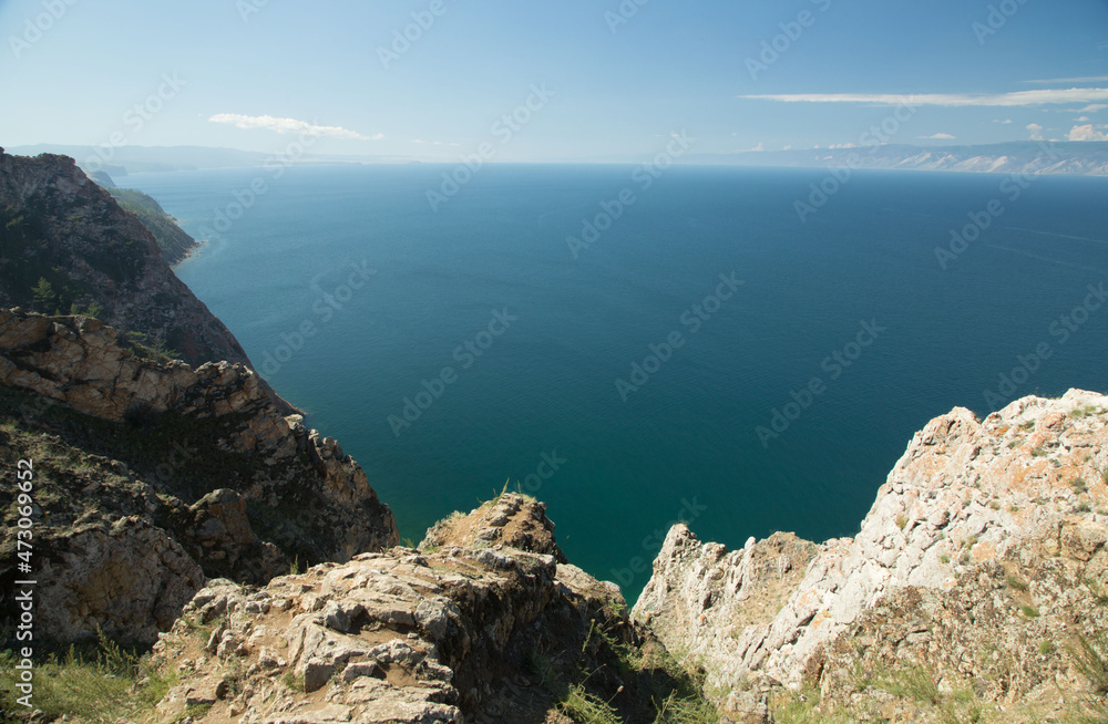 rock against the background of Lake Baikal