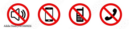 Off Sound on phone. Silent mode on the smartphone. Forbidden use cellphone. Vector warningstyle