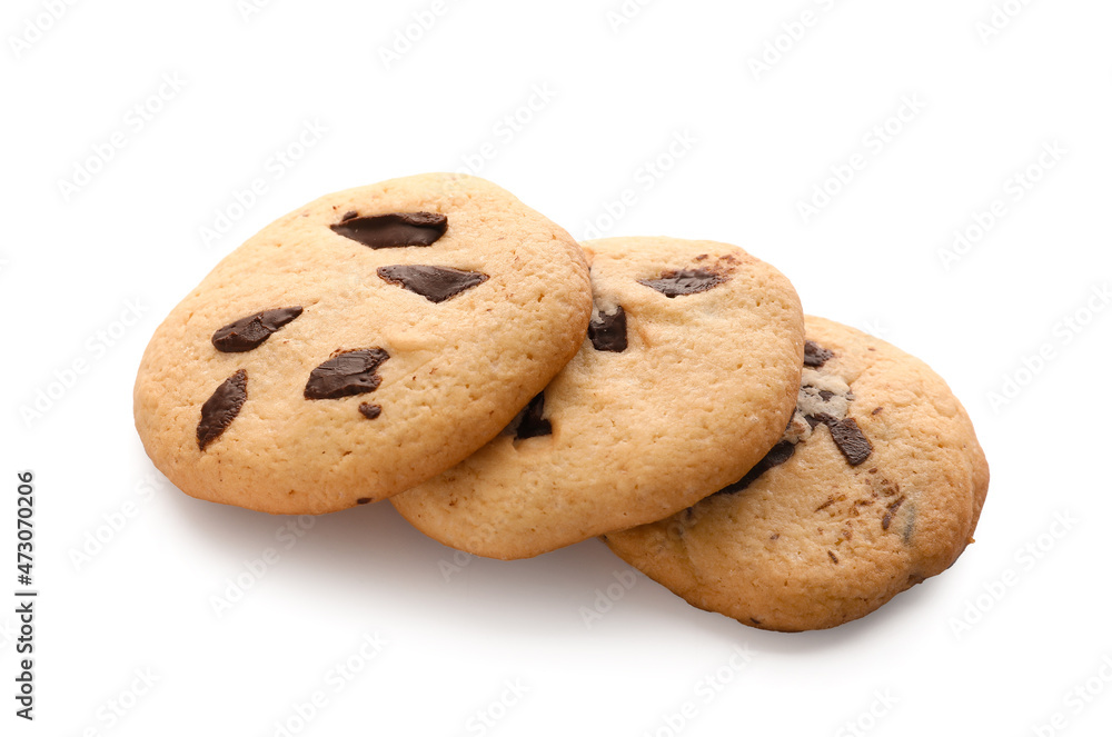 Tasty homemade cookies with chocolate chips on white background Tasty homemade cookies with chocolate chips on white background