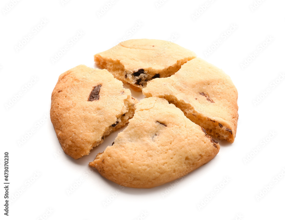 Broken cookie with chocolate chips on white background Broken cookie with chocolate chips on white background