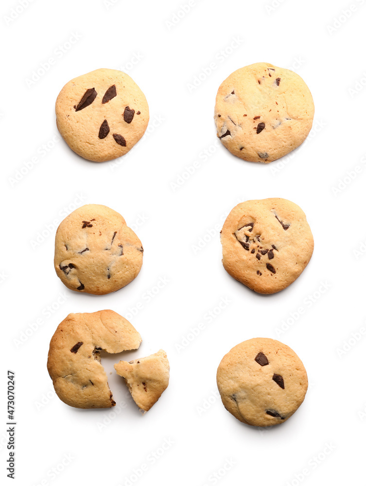 Tasty homemade cookies with chocolate chips on white background Tasty homemade cookies with chocolate chips on white background