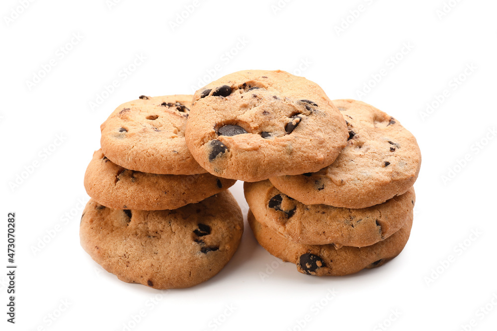 Delicious homemade cookies with chocolate chips on white background Delicious homemade cookies with chocolate chips on white background