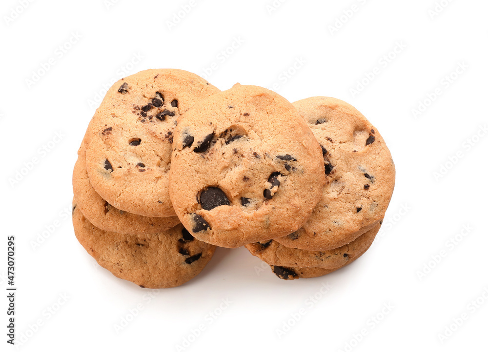 Delicious homemade cookies with chocolate chips on white background Delicious homemade cookies with chocolate chips on white background