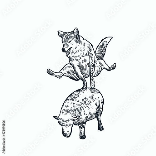 Vintage hand drawn sketch wolf jump on sheep