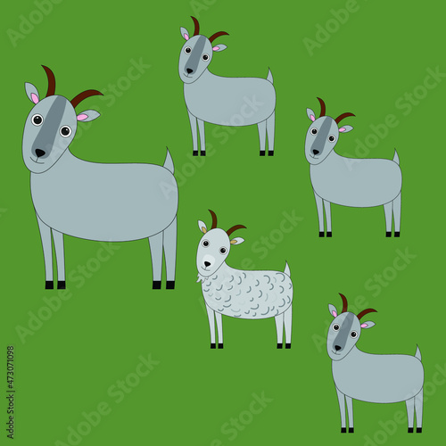 Obraz na plátně Cute animals goats happy family, with father and children, daughters and  son on green isolated background, vector illustration