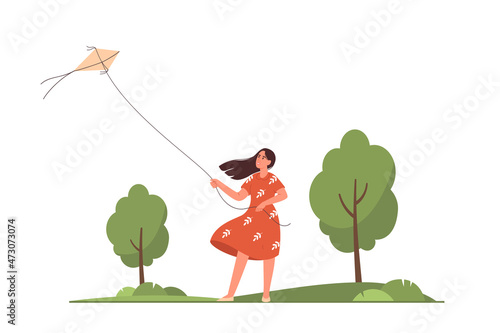 Young woman flying a kite in a green park. Holiday Relax. Outdoor activity. Concept of freedom. Flat vector illustration.