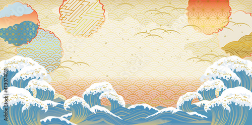 美しい富士山と大波の風景イラスト