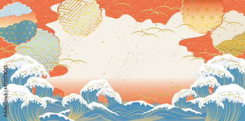 美しい富士山と大波の風景イラスト