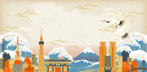 日本の街並みの風景イラスト　富士山