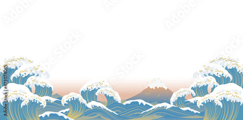 美しい富士山と大波の風景イラスト
